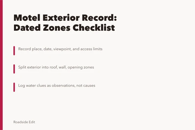Checklist card for dated motel exterior observation zones and records. Motel exterior basics checklist: how to record what you see in 2027