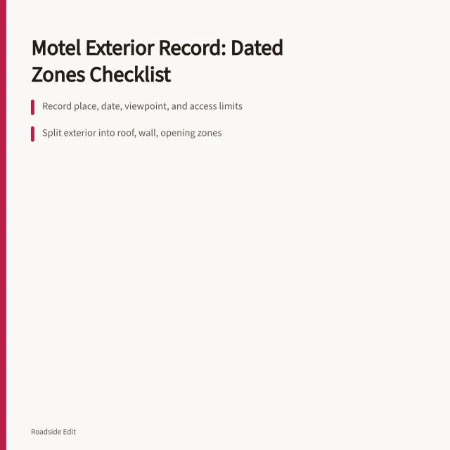 Checklist card for dated motel exterior observation zones and records. Motel exterior basics checklist: how to record what you see in 2027