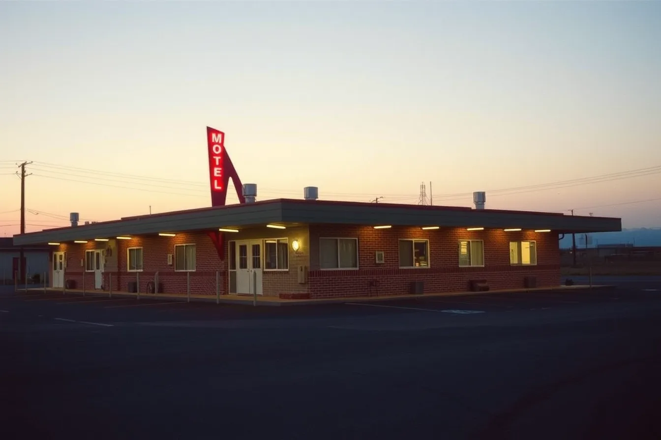 1950s motel exterior with pole sign and exposed neon tube at dusk. Motel exterior fundamentals: comparison questions for a 2027 first record