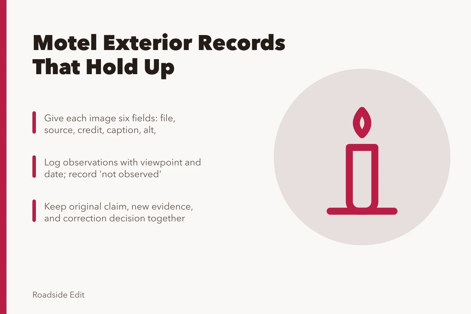 Card listing three motel exterior record-keeping rules for images and observations. How to keep a motel exterior records guide that holds up in 2027