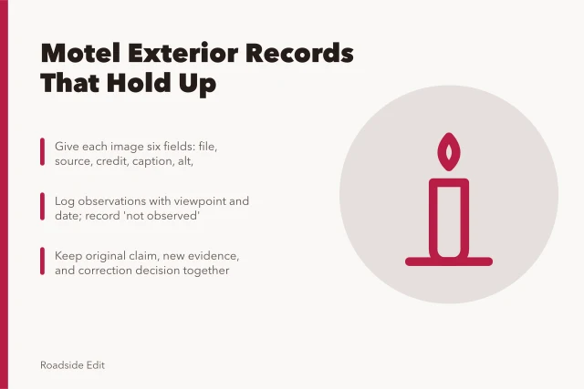 Card listing three motel exterior record-keeping rules for images and observations. How to keep a motel exterior records guide that holds up in 2027
