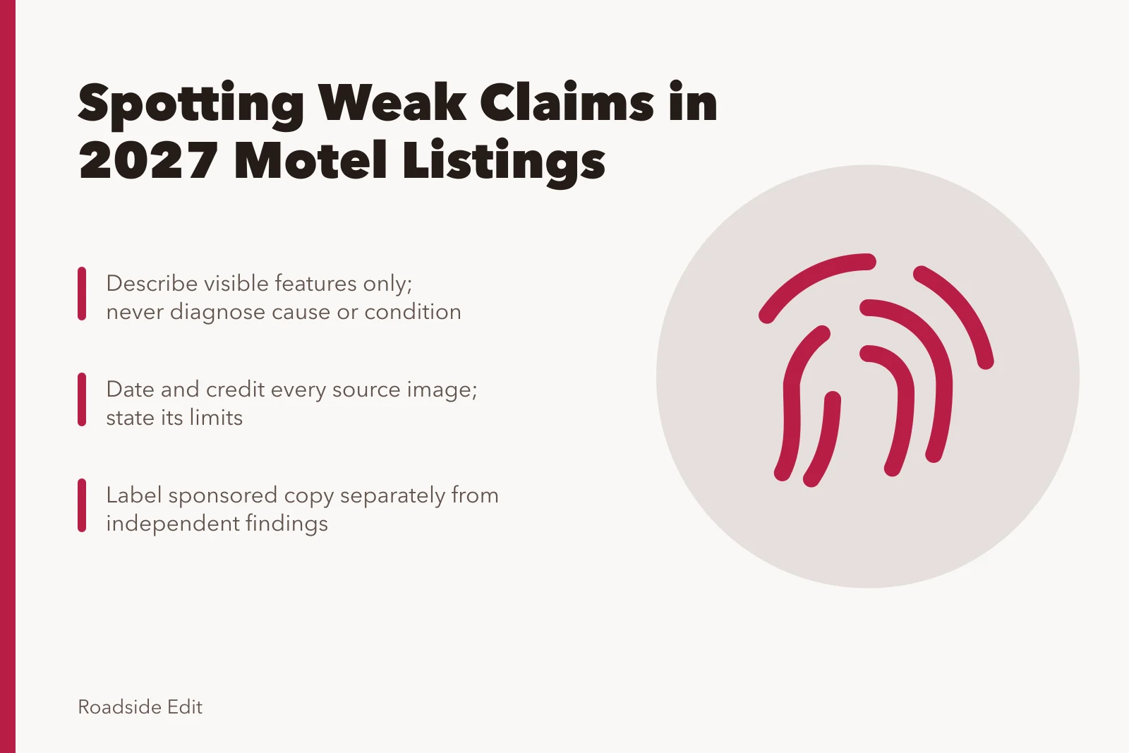 Card listing three ways to spot weak claims in motel listings. Motel exterior warning signs: how to spot weak claims in 2027 listings