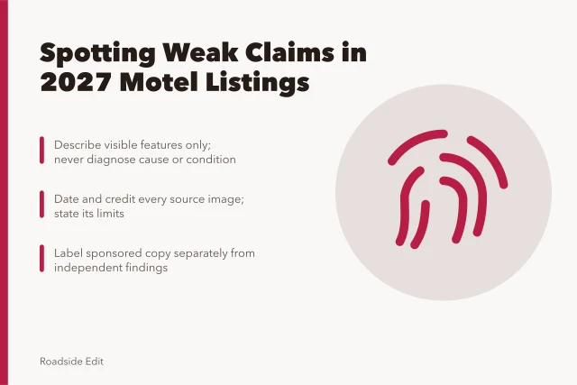 Card listing three ways to spot weak claims in motel listings. Motel exterior warning signs: how to spot weak claims in 2027 listings