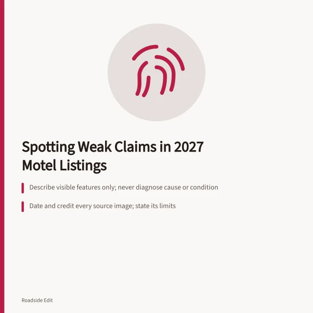 Card listing three ways to spot weak claims in motel listings. Motel exterior warning signs: how to spot weak claims in 2027 listings