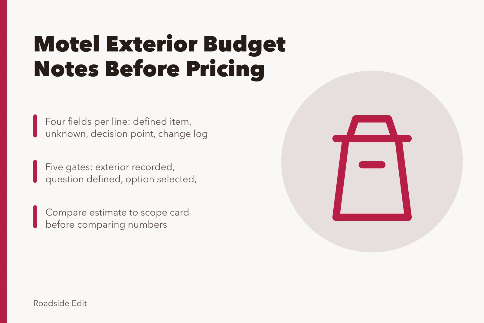 Budget note card for motel exterior planning before pricing. How to keep motel exterior planning workflow budget notes before pricing