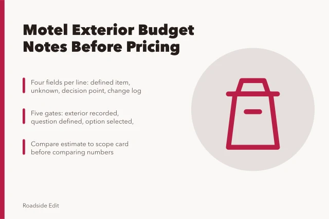 Budget note card for motel exterior planning before pricing. How to keep motel exterior planning workflow budget notes before pricing