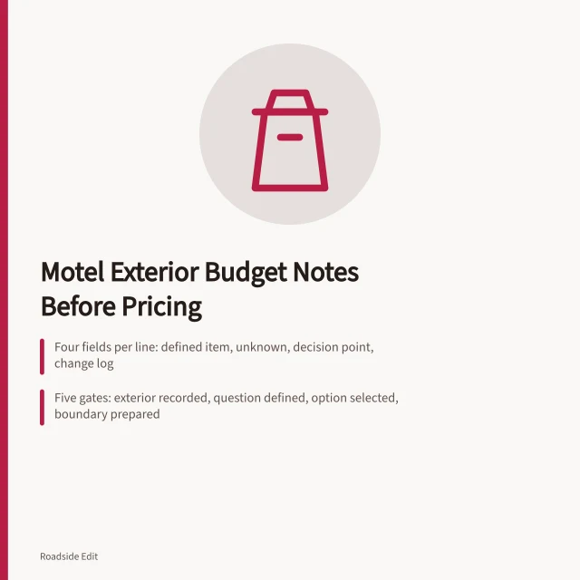 Budget note card for motel exterior planning before pricing. How to keep motel exterior planning workflow budget notes before pricing