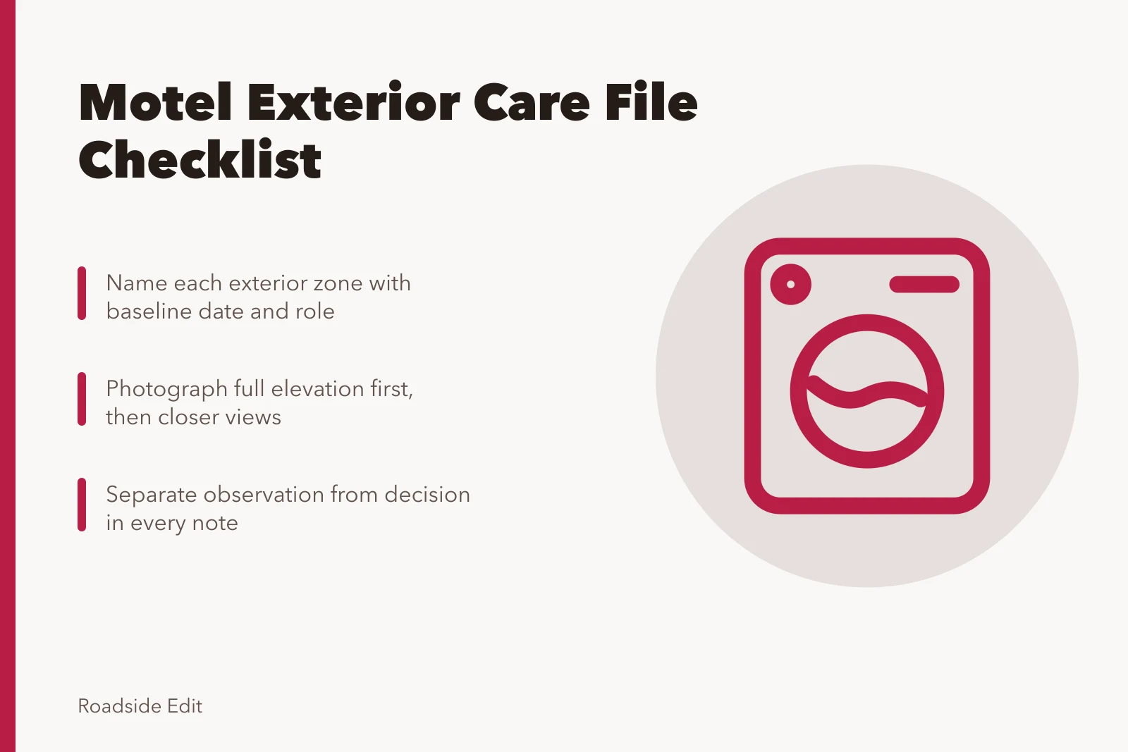 Checklist card for motel exterior care files and inspections. Motel exterior maintenance checklist: how to build your 2027 care file