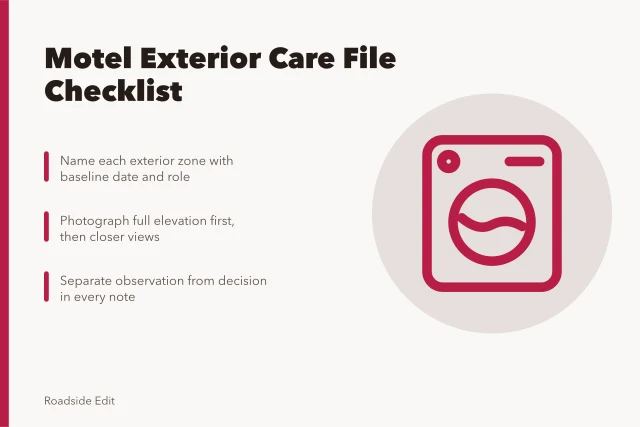 Checklist card for motel exterior care files and inspections. Motel exterior maintenance checklist: how to build your 2027 care file