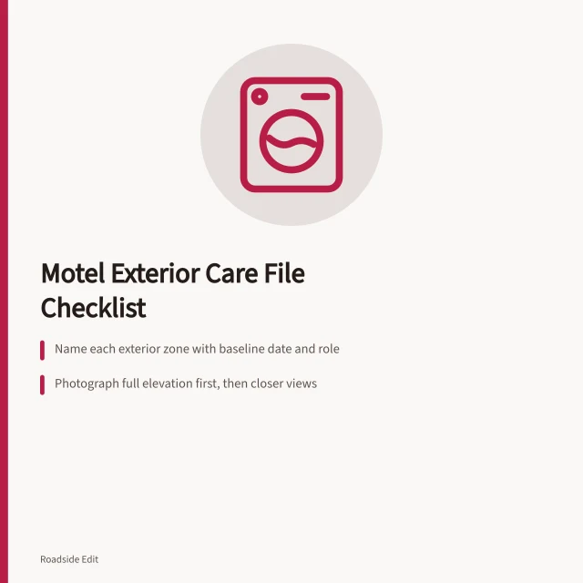 Checklist card for motel exterior care files and inspections. Motel exterior maintenance checklist: how to build your 2027 care file