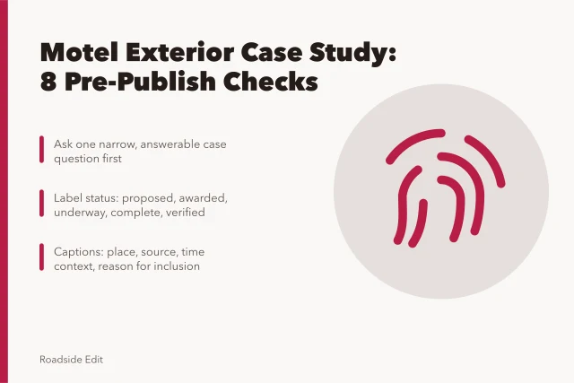 Checklist card for verifying motel exterior case study claims before publishing. Motel exterior case study checklist: 8 checks before you publish