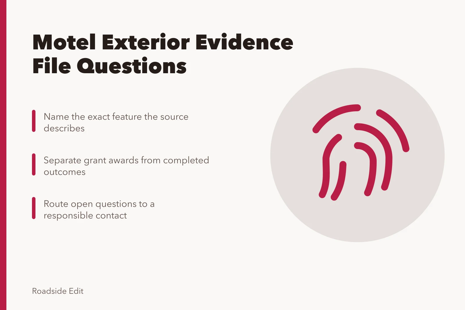 Card listing evidence questions for motel exterior case studies. Motel exterior case study questions: build the evidence file before you write
