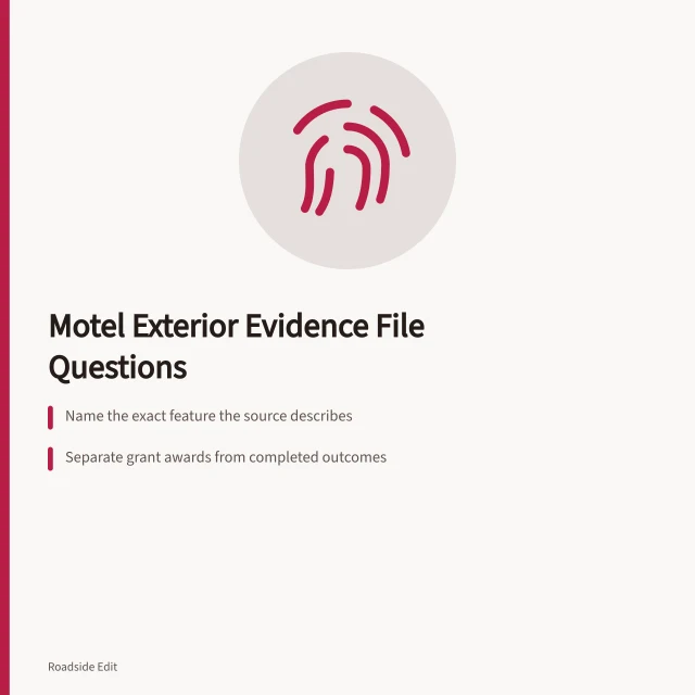 Card listing evidence questions for motel exterior case studies. Motel exterior case study questions: build the evidence file before you write