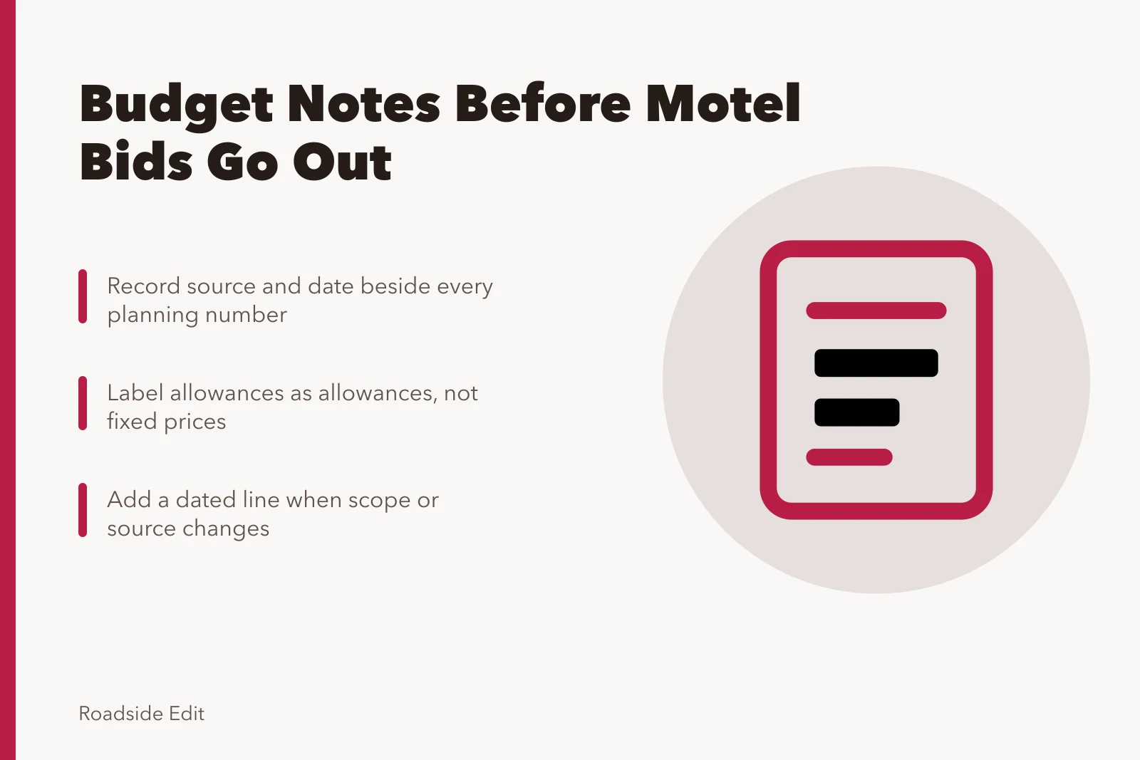 Card listing motel exterior budget note fields and revision steps. How to write motel exterior cost budget notes before bids go out