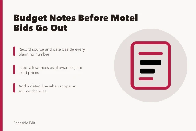 Card listing motel exterior budget note fields and revision steps. How to write motel exterior cost budget notes before bids go out