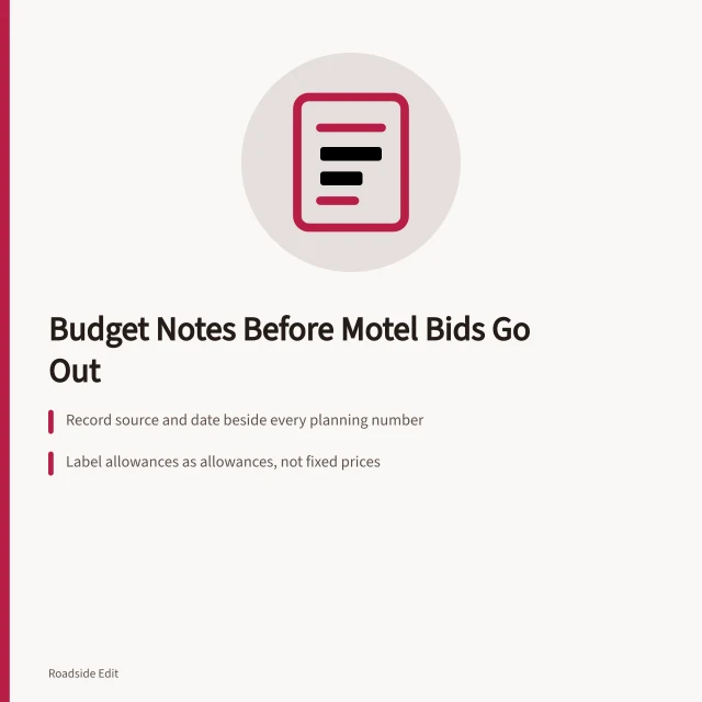 Card listing motel exterior budget note fields and revision steps. How to write motel exterior cost budget notes before bids go out
