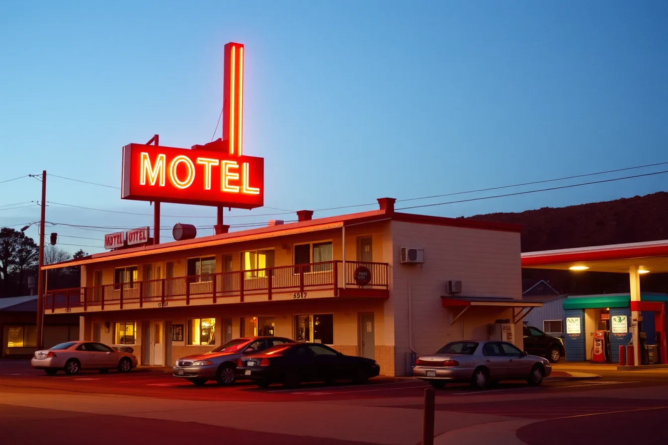 Roadside motel exterior at dusk with glowing neon sign and parked cars. Motel exterior cost checklist: 2027 line items to budget before you request bids