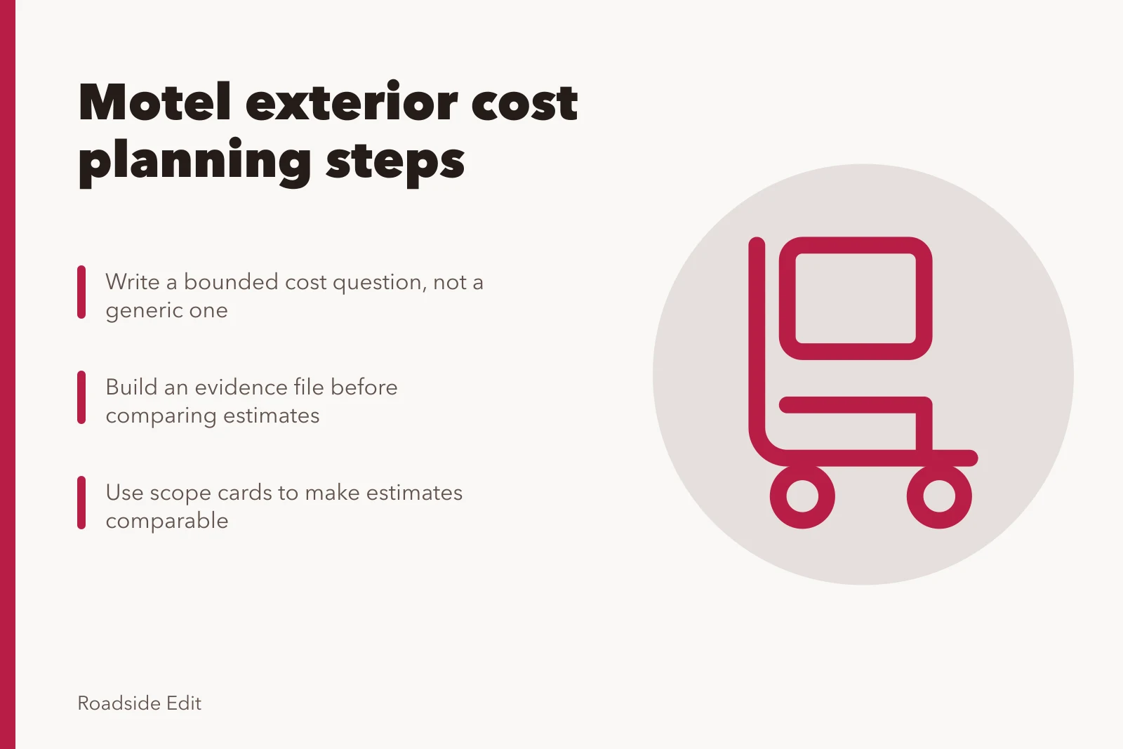 Planning steps for motel exterior cost estimates and scope cards. Motel exterior cost planning: 7 steps before you ask for a 2027 estimate