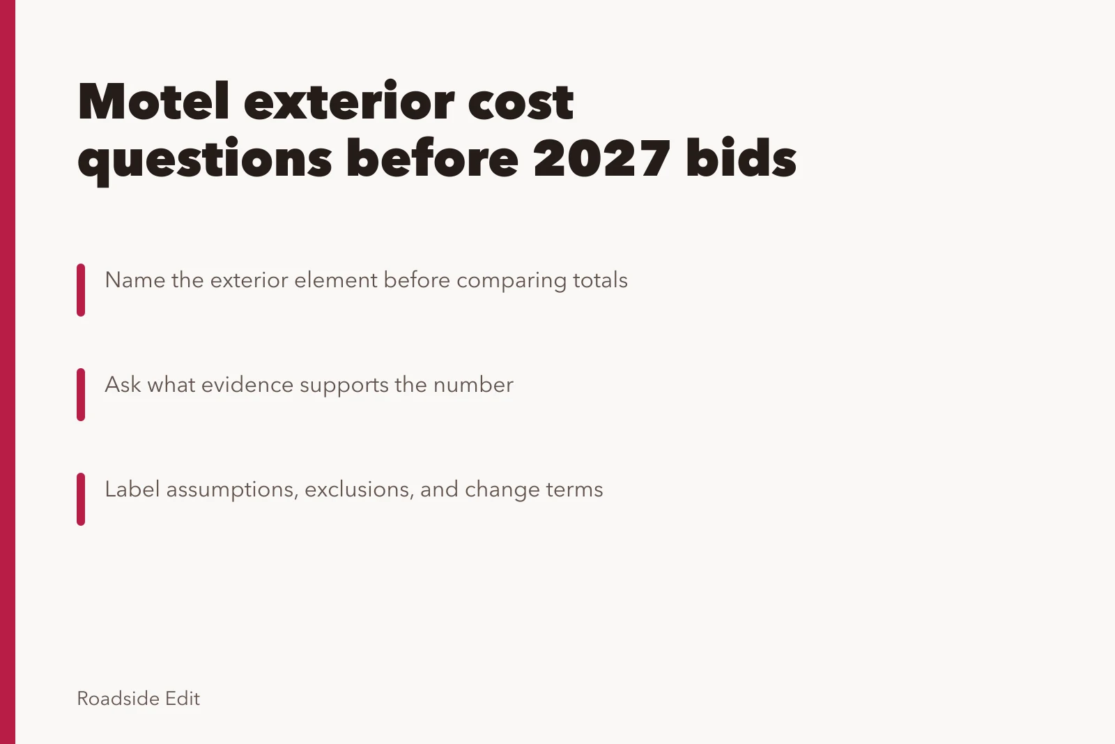 Card about motel exterior cost planning questions before comparing 2027 bids. Motel exterior cost planning: 7 questions to ask before comparing 2027 bids