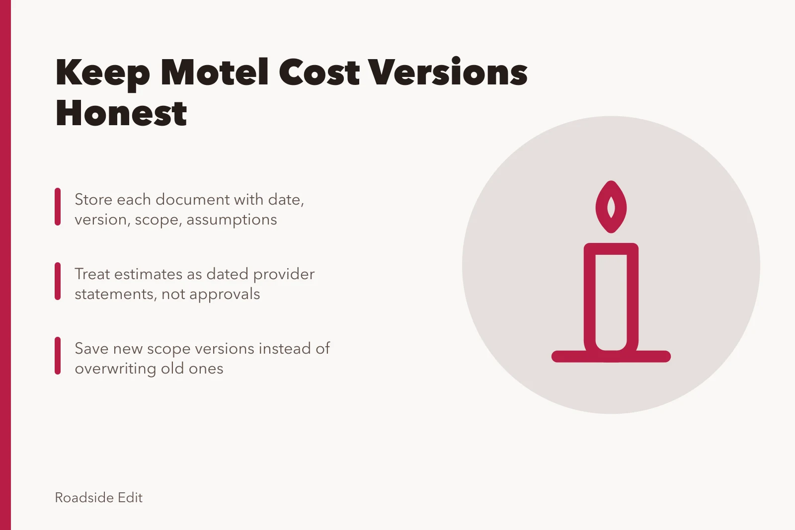Card about keeping motel exterior cost estimate versions and records honest. Motel exterior cost records: how to keep estimate versions honest for 2027