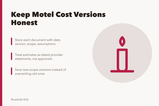 Card about keeping motel exterior cost estimate versions and records honest. Motel exterior cost records: how to keep estimate versions honest for 2027