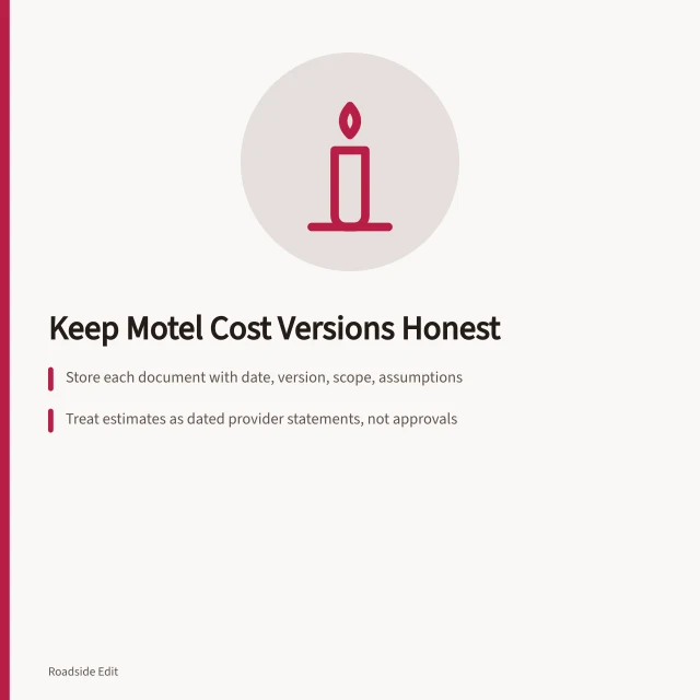 Card about keeping motel exterior cost estimate versions and records honest. Motel exterior cost records: how to keep estimate versions honest for 2027