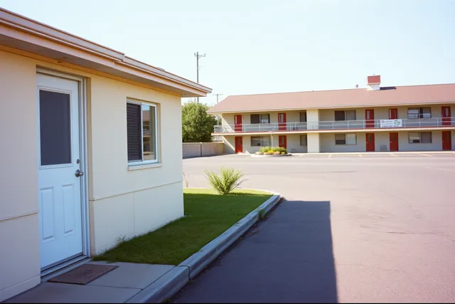 Motel exterior showing roof edge, walls, doors, windows, paving and roadside sign. Motel exterior fundamentals: how to document what you can see in 2027