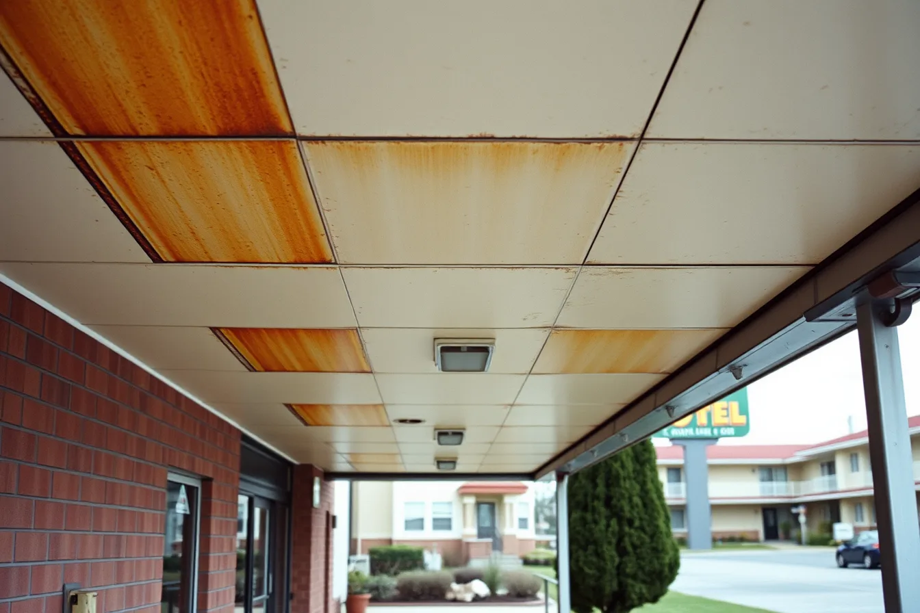 Rust-stained painted steel canopy soffit above a motel office entry. Motel exterior hiring checklist: how owners compare providers and document exclusions