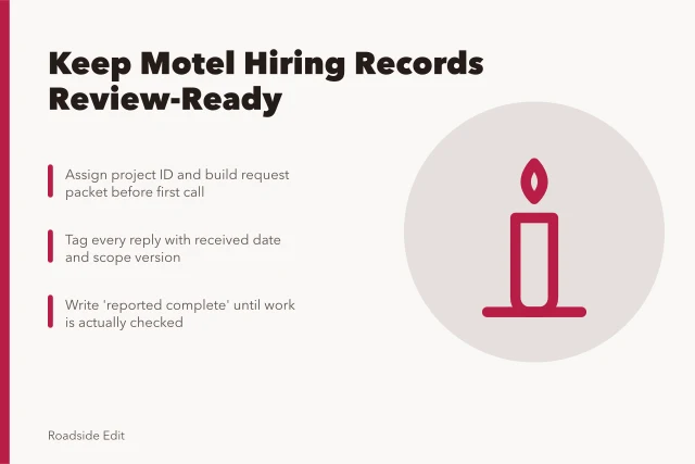 Card about keeping motel exterior hiring records traceable under review. How to keep motel exterior hiring records that hold up under review