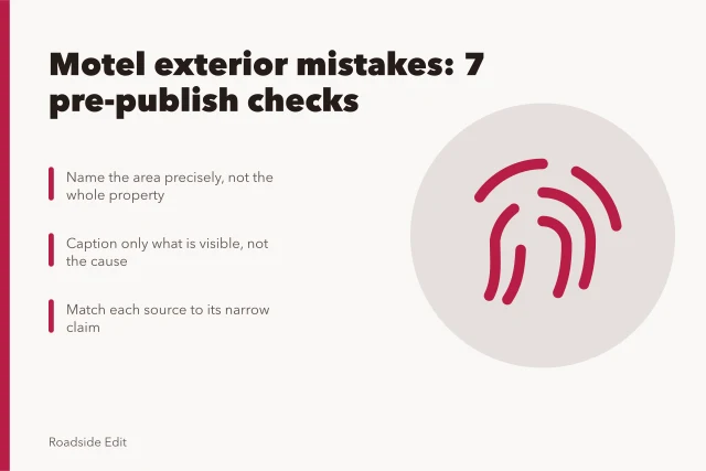 Checklist card for motel exterior photo captions and source verification. Motel exterior mistakes checklist: 7 errors to catch before you publish