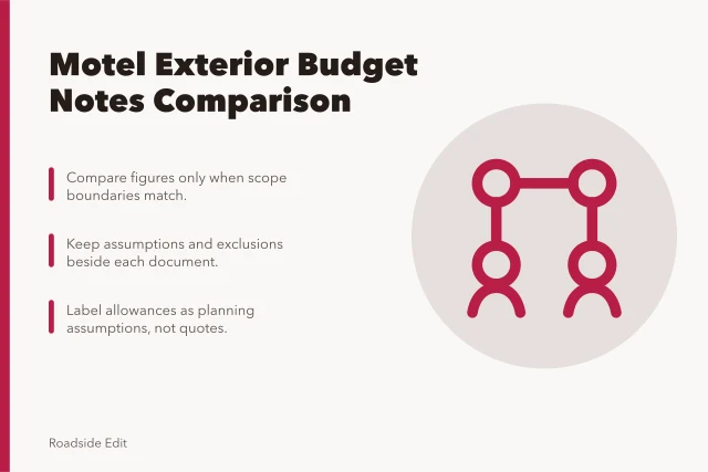 Budget note comparison card for motel exterior options. Motel exterior options comparison: how to read budget notes before you treat a figure as a quote