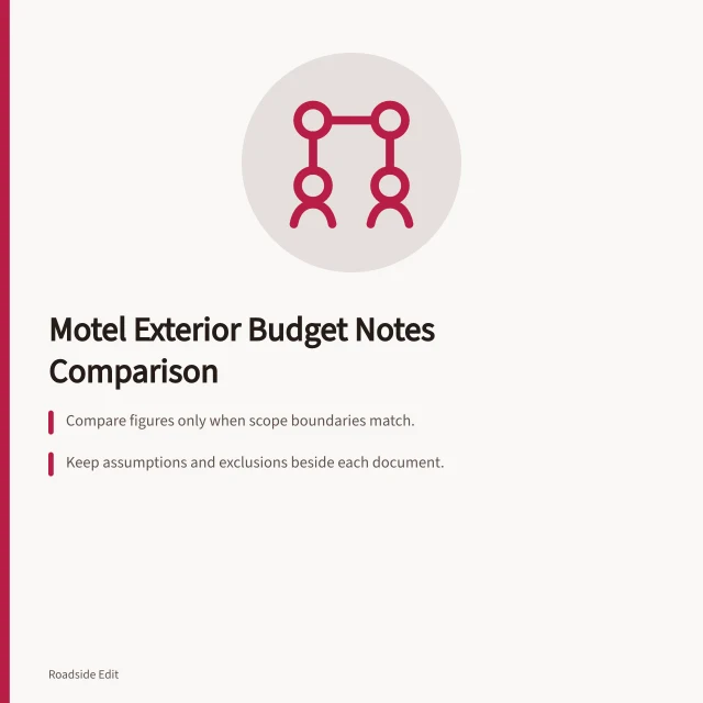 Budget note comparison card for motel exterior options. Motel exterior options comparison: how to read budget notes before you treat a figure as a quote