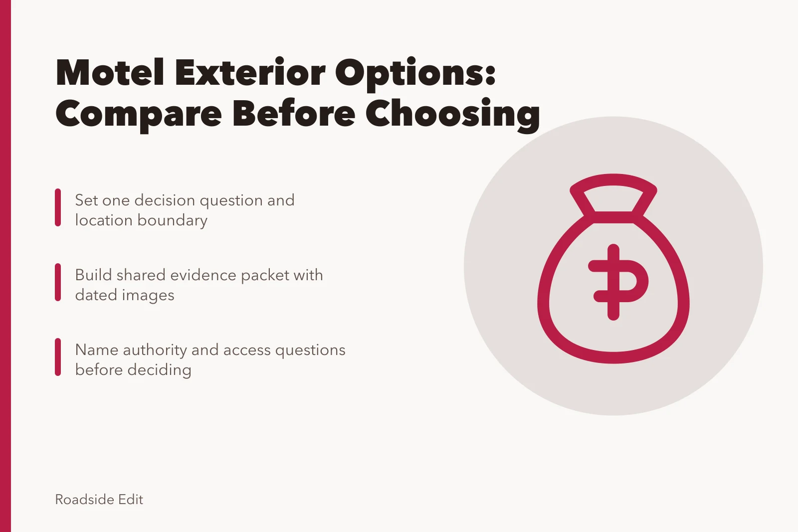 Checklist comparing motel exterior options with evidence, boundaries, and authority questions. Motel exterior options checklist: how to compare paths before you choose
