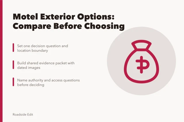 Checklist comparing motel exterior options with evidence, boundaries, and authority questions. Motel exterior options checklist: how to compare paths before you choose