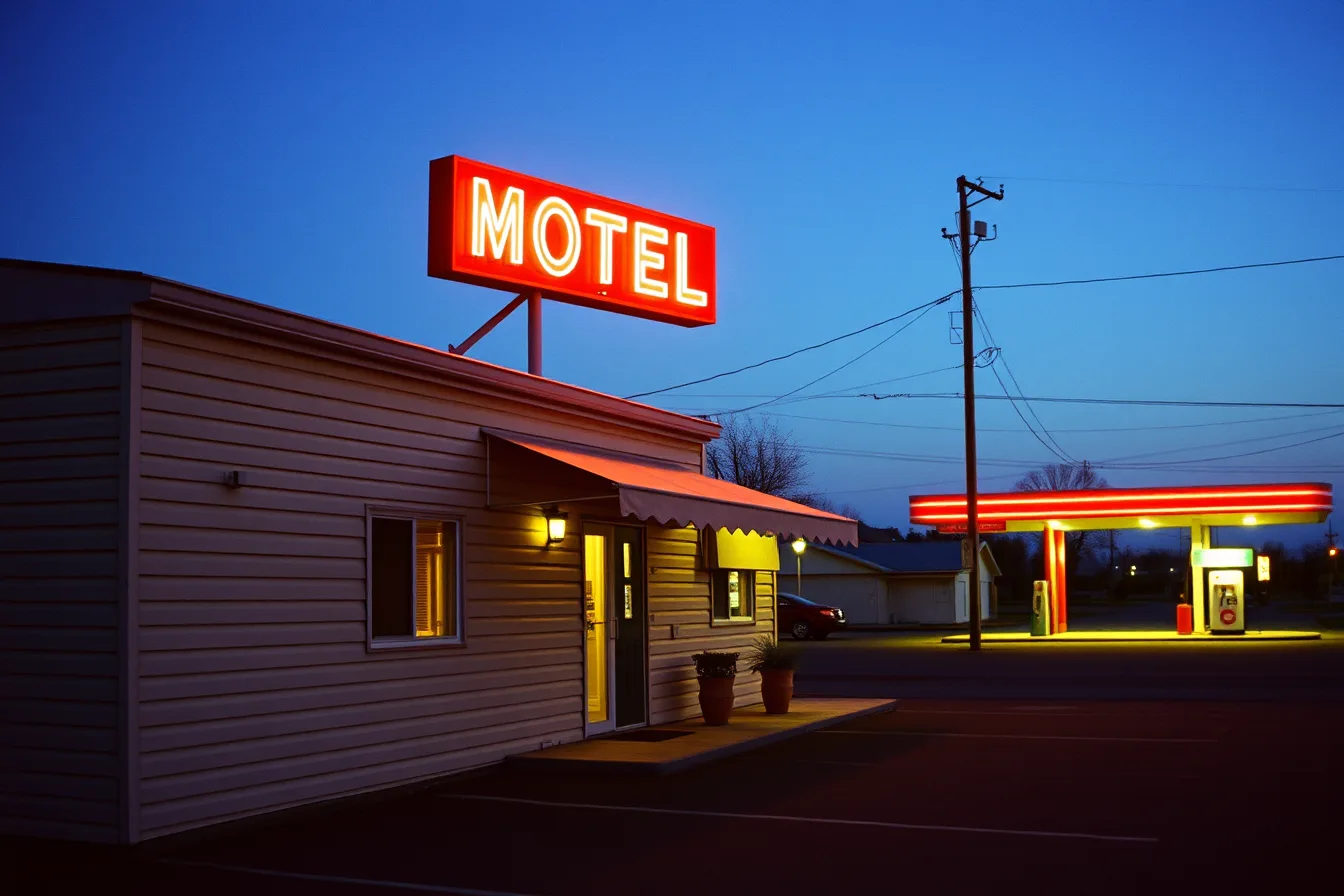 Roadside motel exterior with neon sign, awning, metal roof, and gas station. Motel exterior options: 7 real choices and questions to settle before 2027