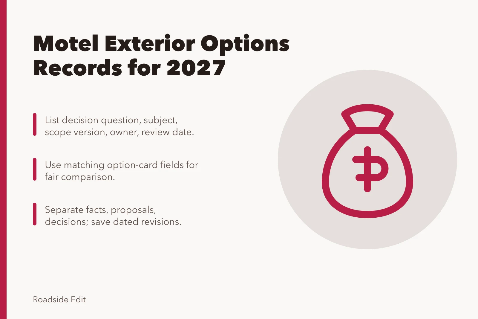 Card summarizing motel exterior options records for 2027 decision. How to keep motel exterior options records clear before a 2027 decision