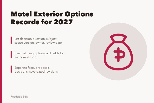Card summarizing motel exterior options records for 2027 decision. How to keep motel exterior options records clear before a 2027 decision