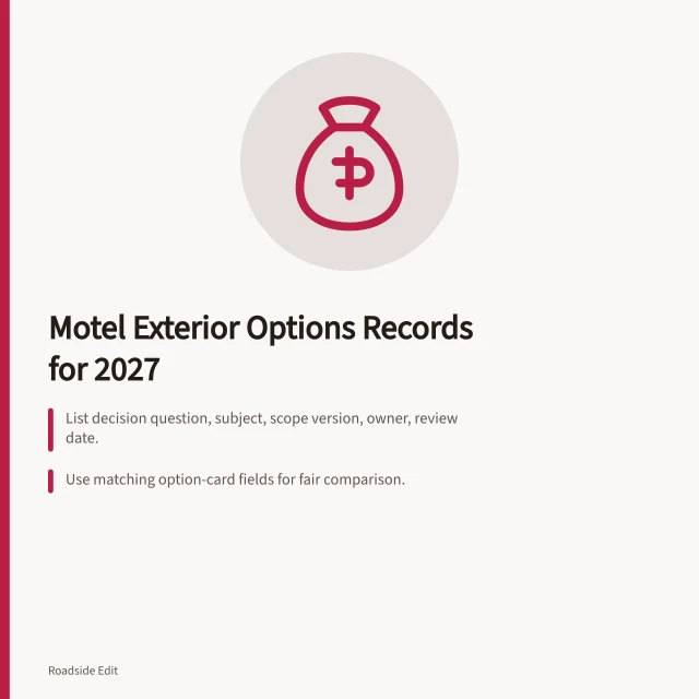 Card summarizing motel exterior options records for 2027 decision. How to keep motel exterior options records clear before a 2027 decision