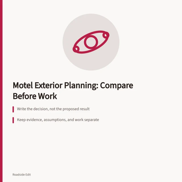 Motel exterior planning card with decision, evidence, and authority steps. Motel exterior planning questions: how to compare workflow options before work begins