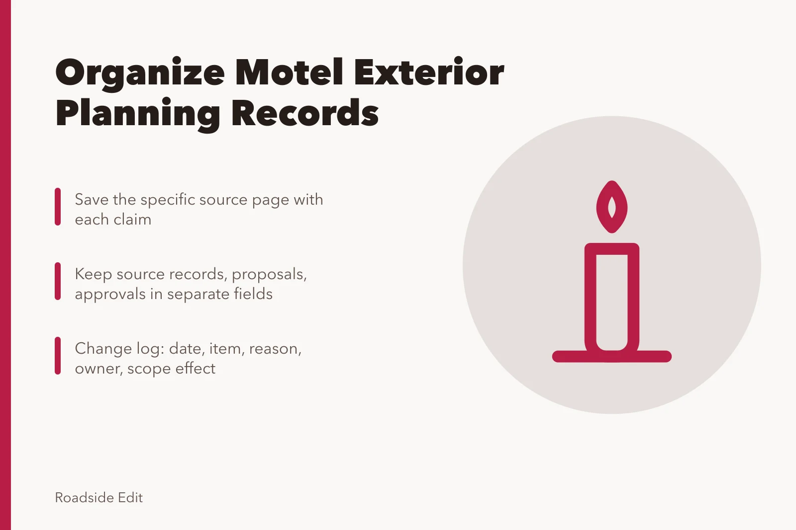 Card listing record groups for motel exterior planning documentation. How motel owners can organize exterior planning records before project work
