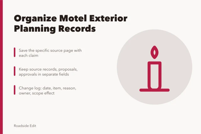 Card listing record groups for motel exterior planning documentation. How motel owners can organize exterior planning records before project work