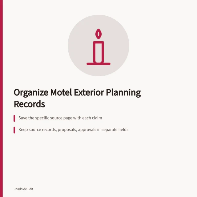 Card listing record groups for motel exterior planning documentation. How motel owners can organize exterior planning records before project work