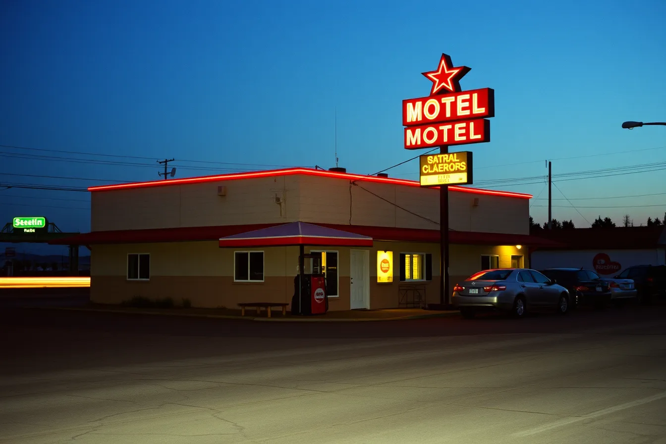 Roadside motel exterior at dusk with neon sign and gas station. Motel exterior questions to ask before work starts in 2027