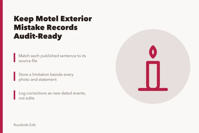 Card on keeping motel exterior mistake records that survive scrutiny. How to keep motel exterior mistakes records that survive scrutiny