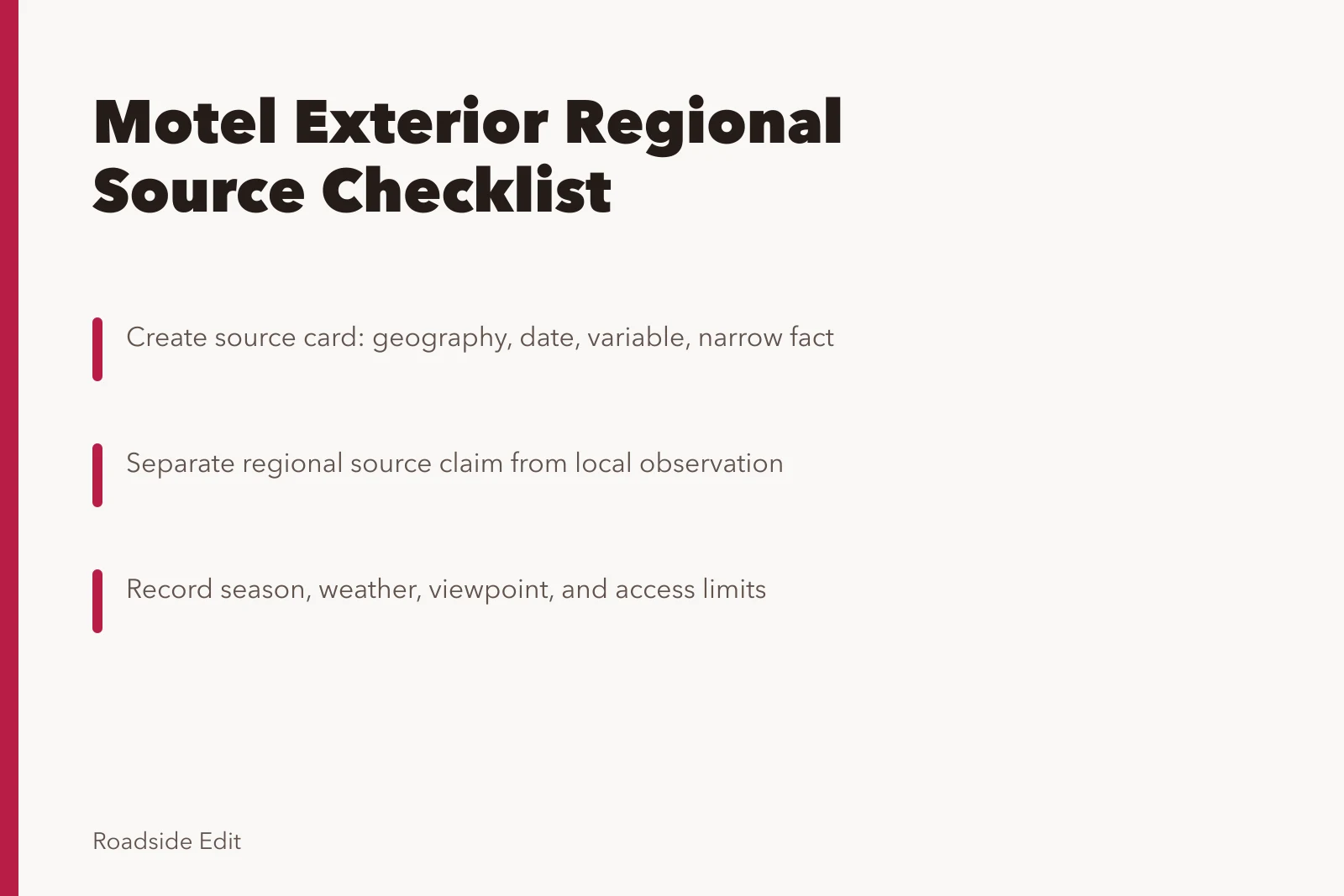 Checklist card for documenting motel exterior climate sources by region. Motel exterior regional checklist: how to document climate sources before 2027