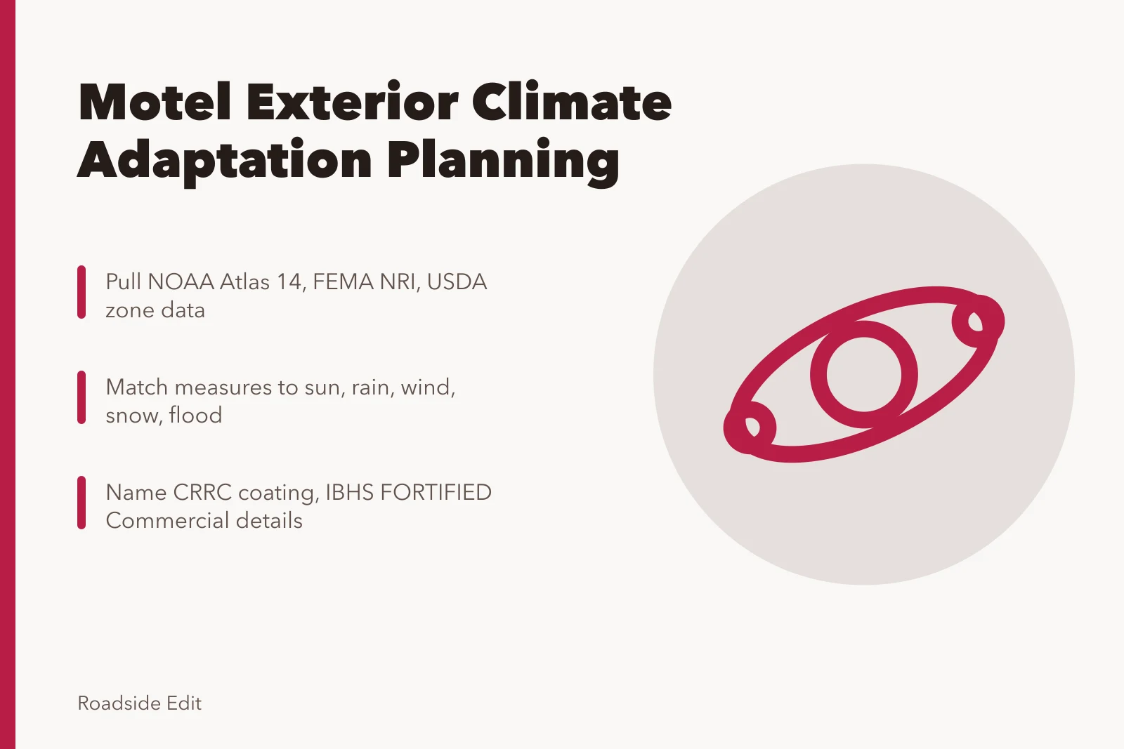Climate adaptation planning card for motel exterior measures and local evidence. How to plan motel exterior regional adaptation for 2027 with local climate evidence