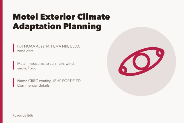 Climate adaptation planning card for motel exterior measures and local evidence. How to plan motel exterior regional adaptation for 2027 with local climate evidence