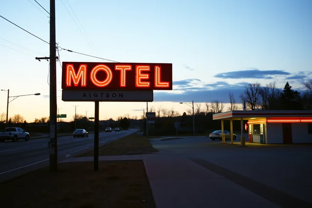 Glowing Motel 66 neon sign beside a highway at dusk. How to document motel exterior regional warning signs before 2027