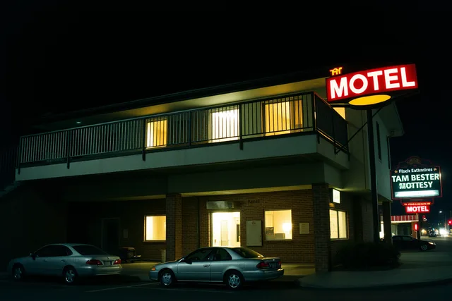 Lit motel exterior walkway and railing seen at night from the parking lot. Motel exterior safety checklist: what to record before you decide to stop