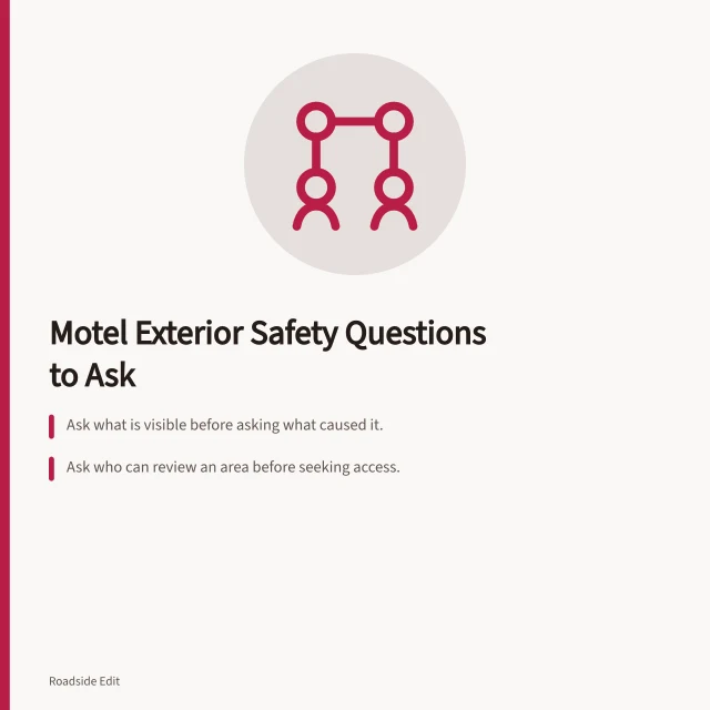 Card comparing motel exterior safety questions and escalation steps. Motel exterior safety checklist comparison questions to ask before you escalate